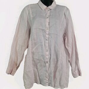 J Jill 100% Linen Striped Button Front Tunic Size Large Light Pink/White Beachy